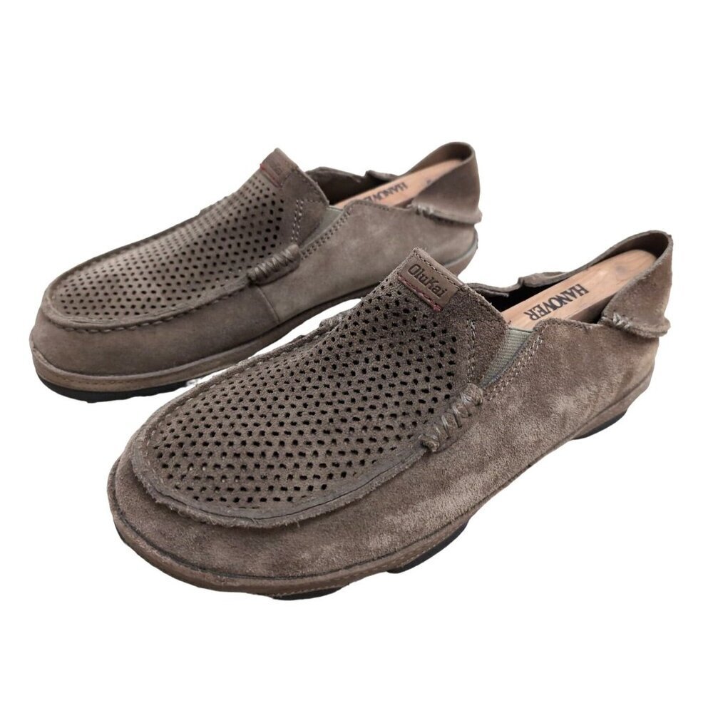 OluKai Men's Brown Perforated Suede Slip-On Loafers